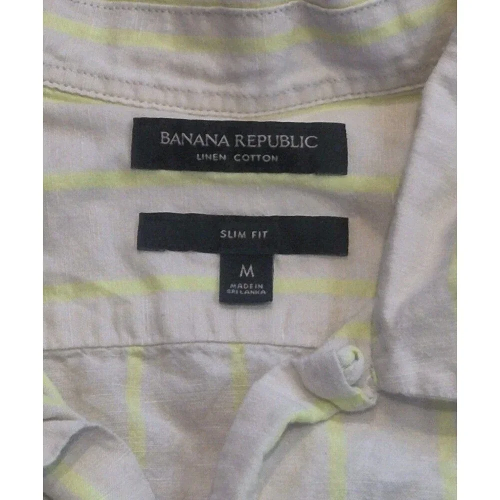 Banana Republic Slim Fit Linen Cotton Tan Yellow Striped Shirt Men's Size Medium